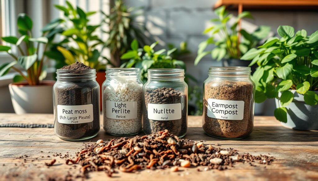 A beautifully arranged composition showcasing the essential components of potting soil: rich, dark peat moss, light and airy perlite, and nutrient-dense compost in various containers. In the foreground, focus on a textured, rustic wooden table topped with clear jars filled with these ingredients, each labeled with their name and purpose. The middle ground features a scattering of earthworm castings and small pebbles, symbolizing soil structure and drainage. The background displays lush, thriving houseplants, adding a sense of life and greenery. Soft, natural sunlight filters through a nearby window, casting gentle shadows, creating a warm and inviting atmosphere. Capture the scene with a slightly elevated angle, ensuring clarity and vibrant colors to highlight the textures and details of each soil component, evoking a sense of nurturing and care for plant life.