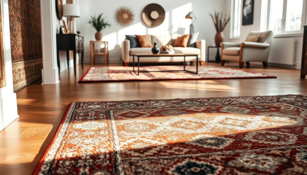 A beautifully arranged interior featuring various carpet patterns and textures that complement the overall design. In the foreground, a rich, intricately patterned area rug with geometric shapes sits on a polished hardwood floor. The middle ground showcases a cozy living room setting with a chic sofa and stylish cushions that harmonize with the rug's colors. In the background, softly lit walls adorned with decorative elements create a warm atmosphere. The lighting is natural, filtering through large windows, casting gentle shadows that highlight the textures of the rugs. The scene conveys a sense of comfort and elegance, inviting viewers to imagine themselves in this stylish space.