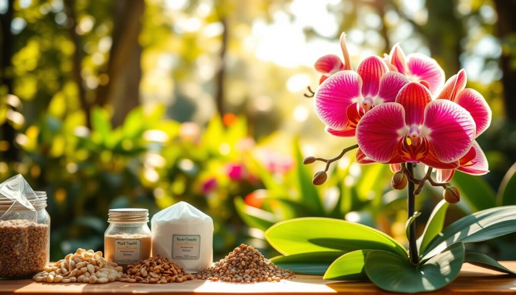 A beautifully arranged orchid (Phalaenopsis) plant featuring vibrant, multicolored blossoms and rich green leaves, prominently displayed in the foreground. The middle ground shows various organic fertilizers and nutrients, such as granules and liquid feeds, artfully arranged next to the orchid, symbolizing the importance of nourishment for blooming. In the background, a softly blurred garden setting with dappled sunlight filtering through trees creates a tranquil atmosphere, emphasizing growth and vitality. The image captures warm, natural lighting to enhance the rich colors of the orchids and the texture of the fertilizers. A shallow depth of field focuses on the orchid and fertilizing elements, evoking a sense of care and attention to detail in the nurturing of these beautiful plants. A beautifully arranged orchid (Phalaenopsis) plant featuring vibrant, multicolored blossoms and rich green leaves, prominently displayed in the foreground. The middle ground shows various organic fertilizers and nutrients, such as granules and liquid feeds, artfully arranged next to the orchid, symbolizing the importance of nourishment for blooming. In the background, a softly blurred garden setting with dappled sunlight filtering through trees creates a tranquil atmosphere, emphasizing growth and vitality. The image captures warm, natural lighting to enhance the rich colors of the orchids and the texture of the fertilizers. A shallow depth of field focuses on the orchid and fertilizing elements, evoking a sense of care and attention to detail in the nurturing of these beautiful plants.
