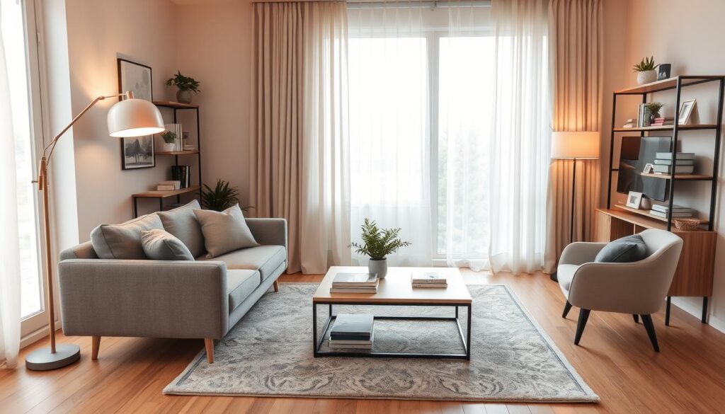 A beautifully arranged small living room showcasing functional and comfortable furniture. In the foreground, a stylish, compact sofa faces a minimalist coffee table, adorned with books and a small plant. On one side, a chic armchair adds a cozy touch, positioned next to a bright floor lamp for warm lighting. The middle of the room features a rug that defines the seating area, enhancing the sense of space, while strategically placed shelves display decor without cluttering the atmosphere. In the background, a large window allows natural light to flood the room, complemented by soft curtains that add texture. The mood is inviting and modern, emphasizing clever use of space in interior design. Use a wide-angle lens for a spacious feel, with soft, natural lighting to create a warm ambiance.