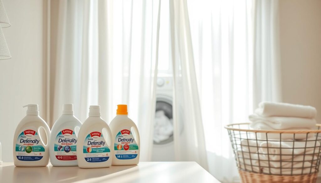 A bright, airy laundry room featuring freshly washed, white sheer curtains hanging gracefully against a sunlit window. In the foreground, a countertop displays various high-quality detergents, highlighting their unique packaging designed for washing delicate fabrics. The mid-section captures a washing machine partially visible, with its door slightly ajar, revealing a load of clean linen and curtains inside. The background showcases a warm, inviting atmosphere with soft, natural light streaming in, casting gentle shadows across the space. A well-organized laundry basket filled with neatly folded towels complements the scene, emphasizing cleanliness and order. The mood is serene and meticulous, reflecting the care involved in the process of washing curtains to keep them bright and pristine. A bright, airy laundry room featuring freshly washed, white sheer curtains hanging gracefully against a sunlit window. In the foreground, a countertop displays various high-quality detergents, highlighting their unique packaging designed for washing delicate fabrics. The mid-section captures a washing machine partially visible, with its door slightly ajar, revealing a load of clean linen and curtains inside. The background showcases a warm, inviting atmosphere with soft, natural light streaming in, casting gentle shadows across the space. A well-organized laundry basket filled with neatly folded towels complements the scene, emphasizing cleanliness and order. The mood is serene and meticulous, reflecting the care involved in the process of washing curtains to keep them bright and pristine.