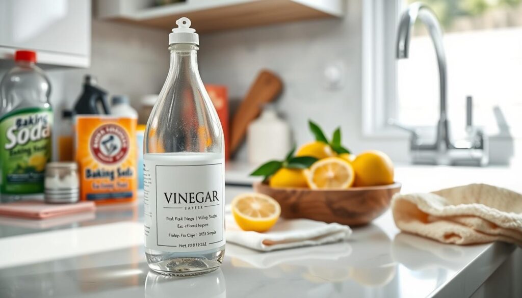 A clean, modern kitchen countertop showcasing a bottle of white vinegar prominently placed in the foreground, with vinegar being poured into a glass measuring cup. Surrounding it are various cleaning supplies like baking soda and eco-friendly cloths. In the middle ground, a wooden bowl of fragrant lemon slices adds a fresh touch, while a sparkling clean sink can be seen in the background, reflecting natural light from a nearby window. The angle is slightly above eye level, capturing the essence of a bright and organized cleaning space. The overall atmosphere is fresh, inviting, and practical, emphasizing the usefulness of vinegar in daily cleaning tasks. Bright, soft lighting enhances the cleanliness and warmth of the scene.