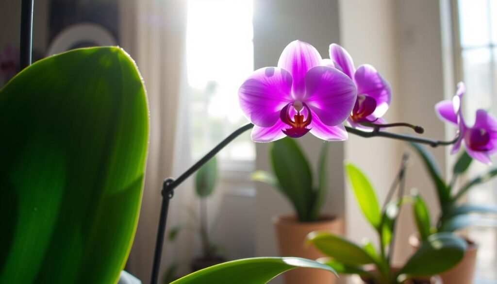 A close-up of a vibrant orchid plant bathed in soft, diffused sunlight streaming through a window. The foreground features a single, lush green leaf of the orchid, glistening with droplets of water. In the middle, the delicate, colorful blooms of the orchid display a range of hues, from deep purples to bright whites, showcasing their intricate petal patterns. The background is softly blurred, revealing hints of other houseplants and a serene living space, creating a warm, inviting atmosphere. The lighting highlights the translucent nature of the flowers and casts gentle shadows. The mood is tranquil and nurturing, emphasizing the importance of light in the orchid’s blooming process. A close-up of a vibrant orchid plant bathed in soft, diffused sunlight streaming through a window. The foreground features a single, lush green leaf of the orchid, glistening with droplets of water. In the middle, the delicate, colorful blooms of the orchid display a range of hues, from deep purples to bright whites, showcasing their intricate petal patterns. The background is softly blurred, revealing hints of other houseplants and a serene living space, creating a warm, inviting atmosphere. The lighting highlights the translucent nature of the flowers and casts gentle shadows. The mood is tranquil and nurturing, emphasizing the importance of light in the orchid’s blooming process.