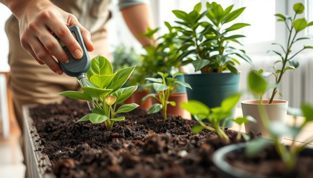 A close-up scene of a person inspecting soil moisture in potted plants. The individual, dressed in modest casual clothing, is using a moisture meter, carefully inserting it into the rich, dark soil of a vibrant green potted plant. The foreground features earthy textures and small droplets of moisture glistening on the soil surface. In the middle, several potted plants with healthy leaves and varied species are arranged on a wooden table, suggesting indoor gardening. The background reveals a softly lit room with natural sunlight filtering through a window, enhancing an inviting and calm atmosphere. The overall mood is one of care and attentiveness in plant care, emphasizing practical methods for checking soil moisture. A close-up scene of a person inspecting soil moisture in potted plants. The individual, dressed in modest casual clothing, is using a moisture meter, carefully inserting it into the rich, dark soil of a vibrant green potted plant. The foreground features earthy textures and small droplets of moisture glistening on the soil surface. In the middle, several potted plants with healthy leaves and varied species are arranged on a wooden table, suggesting indoor gardening. The background reveals a softly lit room with natural sunlight filtering through a window, enhancing an inviting and calm atmosphere. The overall mood is one of care and attentiveness in plant care, emphasizing practical methods for checking soil moisture.