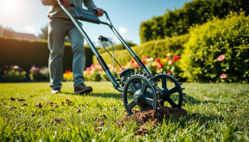 A close-up view of a lawn being cared for through aeration and scarification, highlighting a specialized lawn dethatcher in action. In the foreground, a professional dressed in casual yet neat clothing is operating the machine, concentrating on the task. The lawn is lush and green, dotted with small patches of dirt being turned up as the machine works its way through the grass. In the middle ground, vibrant garden flowers frame the scene, adding a pop of color, while a neatly trimmed hedge provides natural boundaries. The background showcases a sunny day with a clear blue sky, casting soft, warm lighting onto the scene, creating an inviting and productive atmosphere.