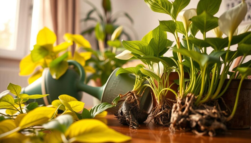 A close-up view of overwatered indoor potted plants, highlighting symptoms of root rot and leaf wilting. In the foreground, a variety of houseplants, such as pothos and peace lilies, with yellowing leaves and drooping stems, showcasing visible signs of distress. The middle ground features a watering can tipped over, with excess water pooling around the base of the pots, while some roots are exposed, appearing dark and mushy. The background displays a softly lit room with warm, natural light filtering through a window, creating a calm atmosphere. The focus is sharp on the plants, with a slight blur in the background to emphasize the severity of overwatering. The scene evokes a sense of urgency for plant care, highlighting the importance of recognizing these signs. A close-up view of overwatered indoor potted plants, highlighting symptoms of root rot and leaf wilting. In the foreground, a variety of houseplants, such as pothos and peace lilies, with yellowing leaves and drooping stems, showcasing visible signs of distress. The middle ground features a watering can tipped over, with excess water pooling around the base of the pots, while some roots are exposed, appearing dark and mushy. The background displays a softly lit room with warm, natural light filtering through a window, creating a calm atmosphere. The focus is sharp on the plants, with a slight blur in the background to emphasize the severity of overwatering. The scene evokes a sense of urgency for plant care, highlighting the importance of recognizing these signs.