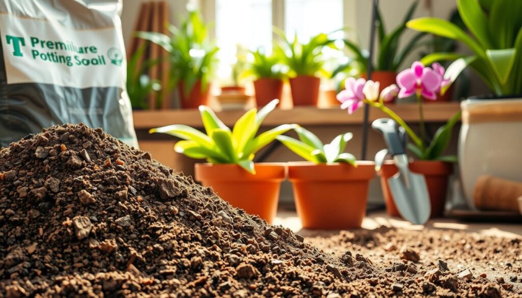 A close-up view of premium potting soil, rich and textured, with small pieces of bark, peat, and perlite visible within the mix. In the foreground, a few colorful potted plants, such as a vibrant fern and a blooming orchid, sit enticingly in terracotta pots, their leaves lush and healthy. The middle ground shows a well-lit garden workspace with gardening tools like a trowel and gloves neatly arranged beside a bag of potting soil. The background features a sunlit window with green plants basking in natural light, creating a warm and inviting atmosphere. The scene is captured in soft, natural light, emulating a serene, homey vibe, perfect for plant care enthusiasts.