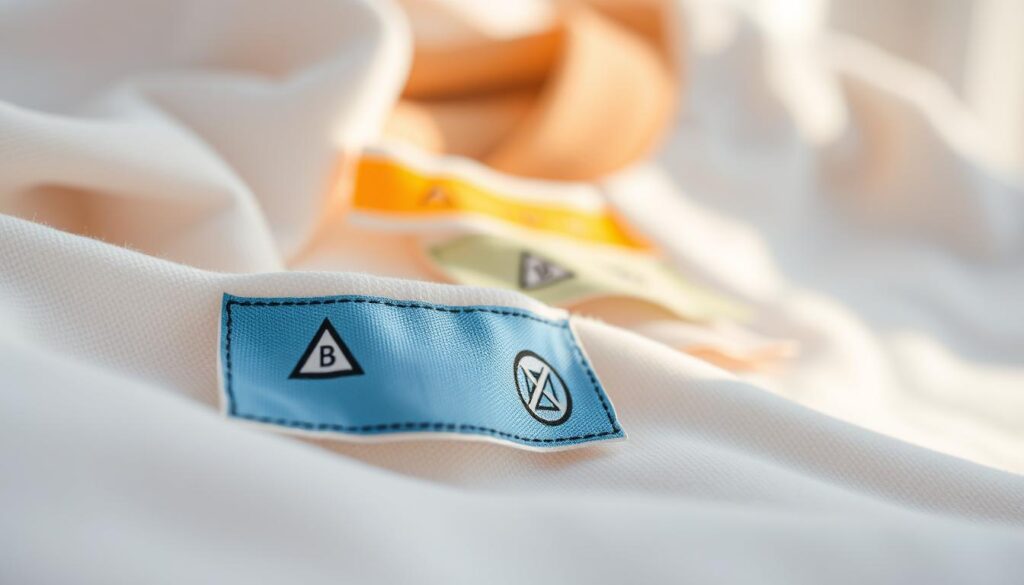 A close-up view of various clothing care labels displaying symbols for bleaching. In the foreground, focus on a few labels that showcase clear icons indicating safe bleaching practices, such as a triangle with a "B" and a crossed-out triangle for no bleaching. The labels are on a soft fabric background that enhances their color contrast—vibrant colors for the labels, set against a light, neutral fabric. The middle ground features additional labels subtly blurred, giving context without distraction. The background is softly lit, creating a warm, inviting atmosphere, suggesting a home laundry environment. Use natural lighting to cast gentle shadows, enhancing the texture of the fabric. Capture the scene from a slightly elevated angle, focusing on clarity and detail, evoking a sense of care and attention to garment maintenance.