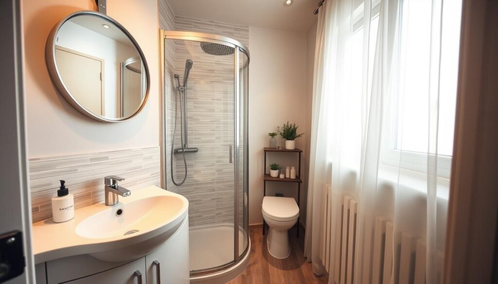 A compact, functional bathroom in a 40 m² apartment, showcasing modern design. In the foreground, a stylish, space-saving sink with sleek cabinetry, a round mirror reflecting warm overhead lighting. To the side, a compact shower with a glass door, featuring elegant tiles that add texture. The middle layer reveals a small toilet discreetly positioned next to a minimalist shelving unit filled with plants and decorative items. The background shows a window with sheer curtains allowing natural light to filter in, enhancing the fresh and airy atmosphere. The overall mood is cozy and inviting, with a color palette of soft whites and light greys, emphasizing cleanliness and efficiency. Capture this scene with a wide-angle perspective to highlight the clever use of space.