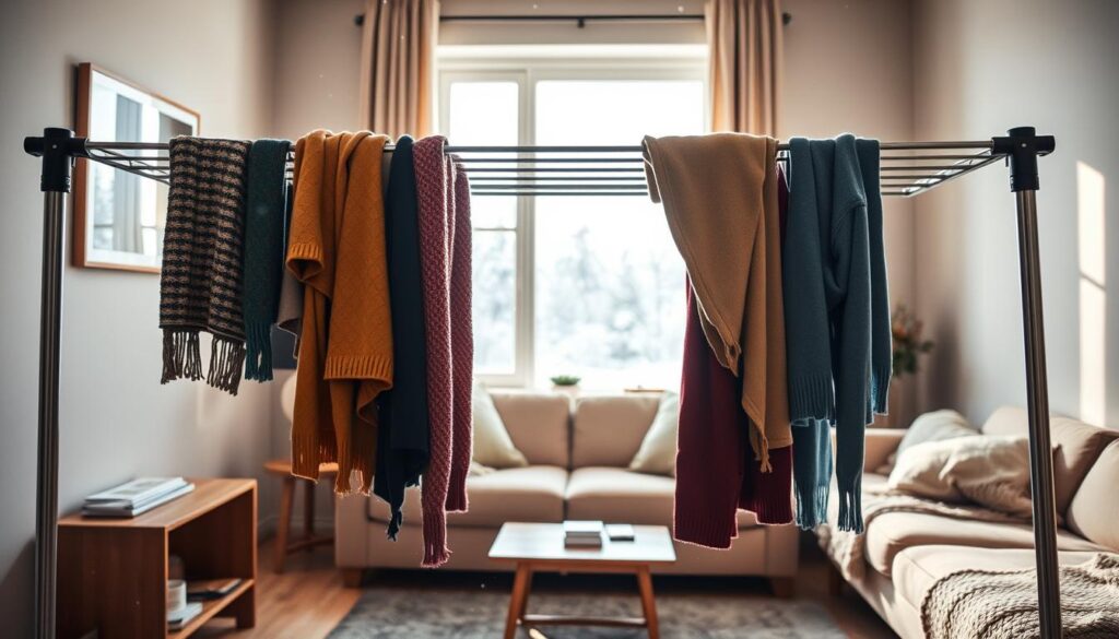 A cozy indoor scene depicting a winter laundry drying setup. In the foreground, a neatly arranged drying rack with colorful clothes, like sweaters and scarves, draped over it. The middle layer features a warm, inviting living room complete with a plush sofa, a small coffee table, and a soft throw blanket nearby. A window reveals a snow-covered landscape outside, with softly falling snowflakes, emphasizing the chilly winter atmosphere. Natural light streams in from the window, casting gentle shadows in the room, adding warmth to the cold scene. The mood is relaxed and homely, showcasing a practical solution to drying laundry indoors during winter without moisture or odors. The focus is on the drying clothes while maintaining a tidy, lived-in space. A cozy indoor scene depicting a winter laundry drying setup. In the foreground, a neatly arranged drying rack with colorful clothes, like sweaters and scarves, draped over it. The middle layer features a warm, inviting living room complete with a plush sofa, a small coffee table, and a soft throw blanket nearby. A window reveals a snow-covered landscape outside, with softly falling snowflakes, emphasizing the chilly winter atmosphere. Natural light streams in from the window, casting gentle shadows in the room, adding warmth to the cold scene. The mood is relaxed and homely, showcasing a practical solution to drying laundry indoors during winter without moisture or odors. The focus is on the drying clothes while maintaining a tidy, lived-in space.