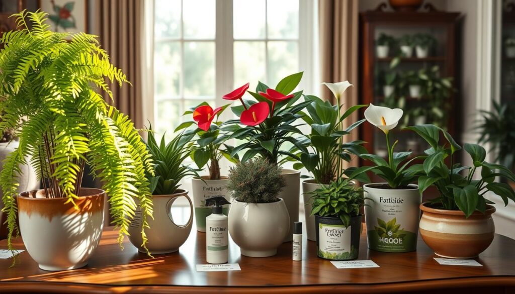 A cozy indoor setting showcasing a variety of potted houseplants, each in unique ceramic pots that reflect their individual needs. In the foreground, a vibrant green fern with drooping fronds is contrasted by a sturdy succulent with thick, waxy leaves. In the middle, a cluster of flowering plants adds a splash of color, including a bright red anthurium and a delicate white peace lily. The background features soft, natural light filtering through a large window, creating a warm, inviting ambiance. An elegant wooden table displays gardening tools, fertilizers, and labels indicating specific care instructions for each type of plant. The overall mood is educational yet tranquil, emphasizing the importance of understanding plant care. A cozy indoor setting showcasing a variety of potted houseplants, each in unique ceramic pots that reflect their individual needs. In the foreground, a vibrant green fern with drooping fronds is contrasted by a sturdy succulent with thick, waxy leaves. In the middle, a cluster of flowering plants adds a splash of color, including a bright red anthurium and a delicate white peace lily. The background features soft, natural light filtering through a large window, creating a warm, inviting ambiance. An elegant wooden table displays gardening tools, fertilizers, and labels indicating specific care instructions for each type of plant. The overall mood is educational yet tranquil, emphasizing the importance of understanding plant care.
