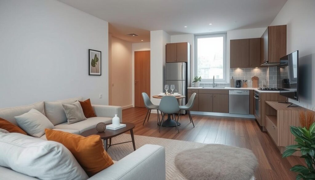 A cozy, modern living space in a small apartment of 40 square meters, featuring an open-plan design that seamlessly integrates the living room, kitchen, and dining area. In the foreground, a stylish sofa in soft tones is placed around a small coffee table with tasteful decor. The middle ground showcases a compact dining table adorned with minimalist tableware, and a sleek kitchen with contemporary cabinetry and stainless-steel appliances. The background highlights a large window allowing natural light to flood the space, creating a warm and inviting atmosphere. Use soft, diffused lighting to enhance the comfort of the area, and depict the angle from a slightly elevated perspective to capture the entirety of the layout, emphasizing practicality and aesthetic harmony.