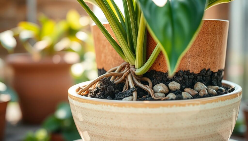 A detailed close-up shot of a potted plant with an intricate drainage system showing pebbles, charcoal, and soil layers inside the pot. In the foreground, focus on the plant's root system intertwining with the drainage materials, showcasing the necessary moisture-preserving techniques. The middle ground features the pot with its slightly textured surface, elegantly designed, set against a soft, blurred background of a serene garden environment. Natural daylight filters in, creating a warm, inviting atmosphere with gentle highlights on the plant leaves. The angle captures the pot slightly from above, making the intricate layers of the soil and drainage materials visible while maintaining an overall soothing and educational mood, symbolizing the importance of drainage in repotting houseplants.