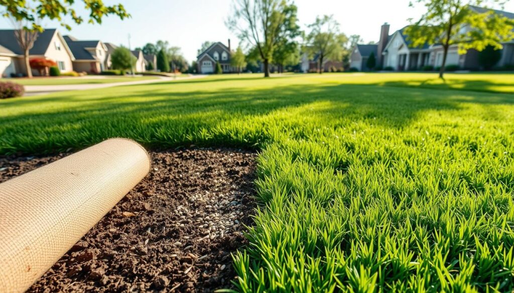 A detailed comparison image illustrating the costs of sod versus seed for lawn installation. In the foreground, display freshly rolled sod next to a patch of soil with grass seeds scattered. The middle ground features a lush, green lawn created from sod on one side, while the other side shows a patch where grass is just beginning to sprout from seeds. In the background, a peaceful suburban neighborhood under soft, natural daylight creates an inviting atmosphere. Use a wide-angle lens to capture the full scene, emphasizing the contrast between the two lawn types. Soft shadows enhance the textures of the grass and soil, conveying a sense of clarity and professionalism.