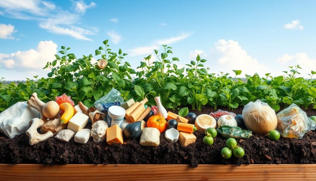 A detailed illustration of composting pitfalls, focusing on items unsuitable for composting. In the foreground, display a variety of recognizable waste items, such as bones, dairy products, oily foods, and synthetic materials, arranged in an aesthetically appealing manner on a wooden compost bin. The middle area features a lush garden setting with healthy plants flourishing in rich soil, contrasting with the waste items. In the background, a clear blue sky with soft clouds enhances the peaceful atmosphere. Soft, natural lighting emphasizes the vibrant colors of the waste and surrounding greenery. The composition should evoke a sense of caution and awareness while promoting sustainable gardening practices. Use a slight aerial angle to capture the entirety of the scene effectively.