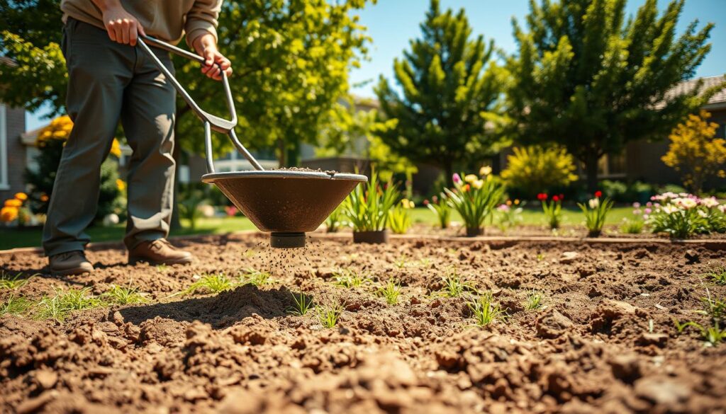 A detailed scene of lawn seeding in a residential garden. In the foreground, a person in modest casual clothing is using a seed spreader, scattering grass seeds evenly over freshly turned soil. Their focused expression shows determination, capturing the essence of the task. In the middle, freshly tilled ground is visible with small green sprouts beginning to emerge, indicating the potential for growth. Lush trees and colorful flowers frame the garden, enhancing the vibrant atmosphere. In the background, a clear blue sky and the golden warmth of sunlight create a cheerful ambiance, suggesting a perfect day for gardening. The image is captured from a slightly elevated angle, conveying a sense of depth and engagement with the gardening process.