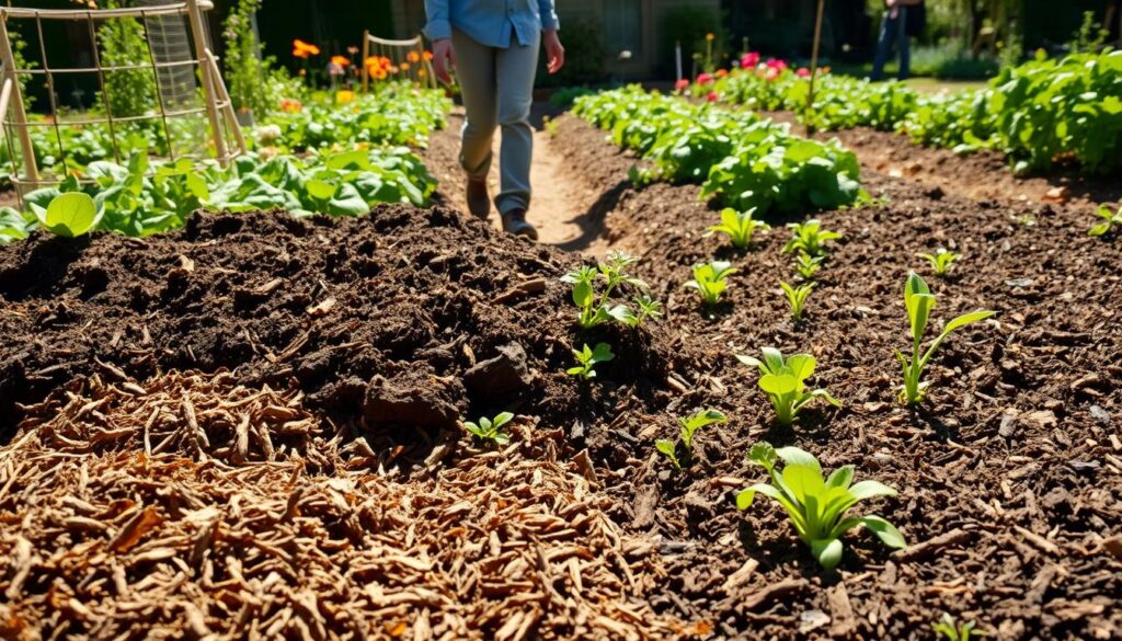 A garden scene depicting common problems encountered during mulching in a vegetable garden. In the foreground, show dried-up, unmulched patches of soil alongside improperly layered mulch that is too thick in some areas, creating a stark contrast. Include wilted plants and scattered weeds peeking through the mulch, emphasizing the issues. The middle ground features a gardener in modest casual clothing, examining the soil with concern, showcasing the human aspect of troubleshooting. The background should include vibrant rows of vegetables, some healthy and flourishing, others struggling due to improper mulching techniques. Natural daylight filters through, casting gentle shadows, contributing to an atmosphere of reflection and learning. The image should be warm and informative, portraying both challenges and the potential for improvement.