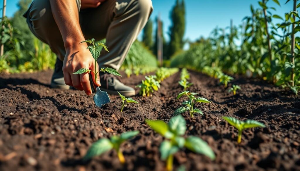 A lush garden scene depicting the process of planting tomatoes in rich, dark soil. In the foreground, a gardener in modest casual clothing crouches down with a small trowel, carefully placing young tomato seedlings into the ground. Their hands are soiled, emphasizing the tactile experience of gardening. The midground showcases neatly arranged rows of freshly planted tomato plants, with healthy green leaves emerging from the earth. In the background, a clear blue sky is visible, with soft sunlight filtering through, creating a warm and inviting atmosphere. The scene conveys a sense of nurturing and growth, showcasing the technique of planting tomatoes in a natural garden setting. The focus is sharp on the gardener, with a slight bokeh effect on the background plants for visual depth. A lush garden scene depicting the process of planting tomatoes in rich, dark soil. In the foreground, a gardener in modest casual clothing crouches down with a small trowel, carefully placing young tomato seedlings into the ground. Their hands are soiled, emphasizing the tactile experience of gardening. The midground showcases neatly arranged rows of freshly planted tomato plants, with healthy green leaves emerging from the earth. In the background, a clear blue sky is visible, with soft sunlight filtering through, creating a warm and inviting atmosphere. The scene conveys a sense of nurturing and growth, showcasing the technique of planting tomatoes in a natural garden setting. The focus is sharp on the gardener, with a slight bokeh effect on the background plants for visual depth.