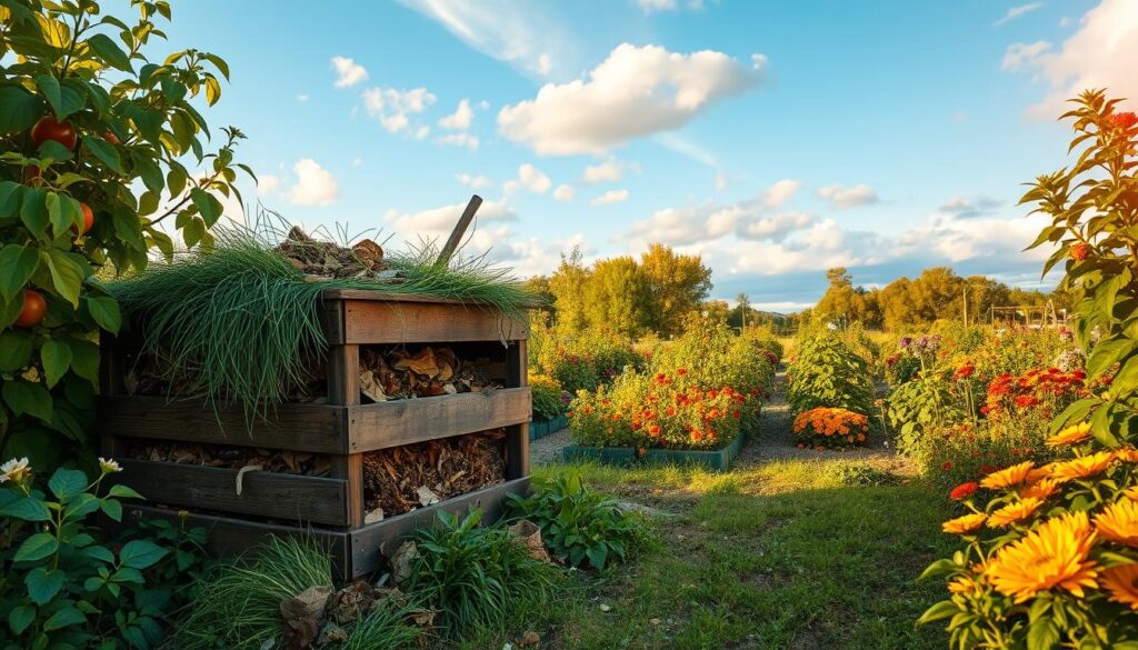 A lush garden scene featuring a wooden compost bin nestled among vibrant flower beds and leafy plants. In the foreground, the compost bin is overflowing with kitchen scraps, grass clippings, and autumn leaves, showcasing a variety of textures. The middle ground contains flourishing vegetables like tomatoes and peppers, while colorful butterfly-friendly flowers attract pollinators. In the background, a picturesque blue sky with soft white clouds provides a serene atmosphere, illuminated by warm, golden sunlight, suggesting a late afternoon. The scene is captured from a slightly elevated angle for a comprehensive view, evoking a sense of harmony and sustainability in gardening.