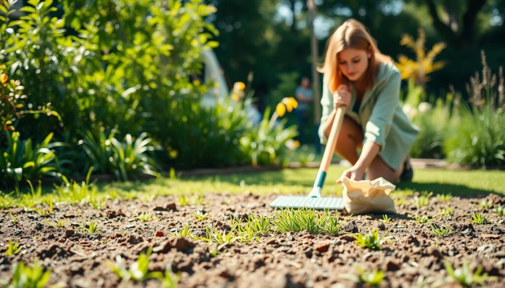 A lush green garden scene showing the process of preparing soil for grass seeding. In the foreground, a gardener in modest casual clothing, kneels on the ground, carefully raking the soil to create an even surface. Their focused expression illustrates determination. In the middle ground, fresh green grass seeds are sprinkled over the prepared soil, with a small bag of seeds placed nearby. The background features a sunlit garden with various plants and trees, casting gentle shadows. The scene is illuminated by warm, natural lighting, capturing a bright and optimistic atmosphere. The image should have a shallow depth of field, highlighting the gardener's meticulous work while softly blurring the background elements for added focus.