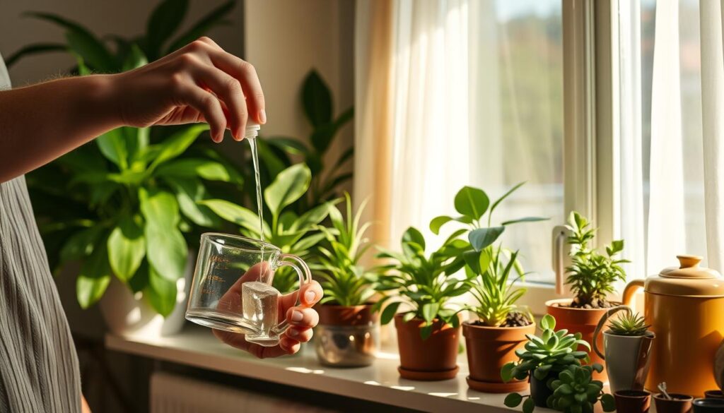 A lush indoor scene featuring a variety of potted houseplants on a bright, sunlit windowsill. In the foreground, a person in casual, modest clothing carefully measures liquid fertilizer into a small, clear measuring cup. The middle ground showcases an array of healthy plants, including a peace lily, spider plant, and succulents, each in decorative pots. Behind them, gentle sunlight filters through sheer curtains, casting soft shadows. A watering can and gardening tools are placed neatly on the windowsill. The atmosphere is warm and inviting, highlighting the nurturing process of caring for indoor plants, with a focus on fertility and growth. The image should have a realistic style, capturing vibrant greens and warm earthy tones. A lush indoor scene featuring a variety of potted houseplants on a bright, sunlit windowsill. In the foreground, a person in casual, modest clothing carefully measures liquid fertilizer into a small, clear measuring cup. The middle ground showcases an array of healthy plants, including a peace lily, spider plant, and succulents, each in decorative pots. Behind them, gentle sunlight filters through sheer curtains, casting soft shadows. A watering can and gardening tools are placed neatly on the windowsill. The atmosphere is warm and inviting, highlighting the nurturing process of caring for indoor plants, with a focus on fertility and growth. The image should have a realistic style, capturing vibrant greens and warm earthy tones.