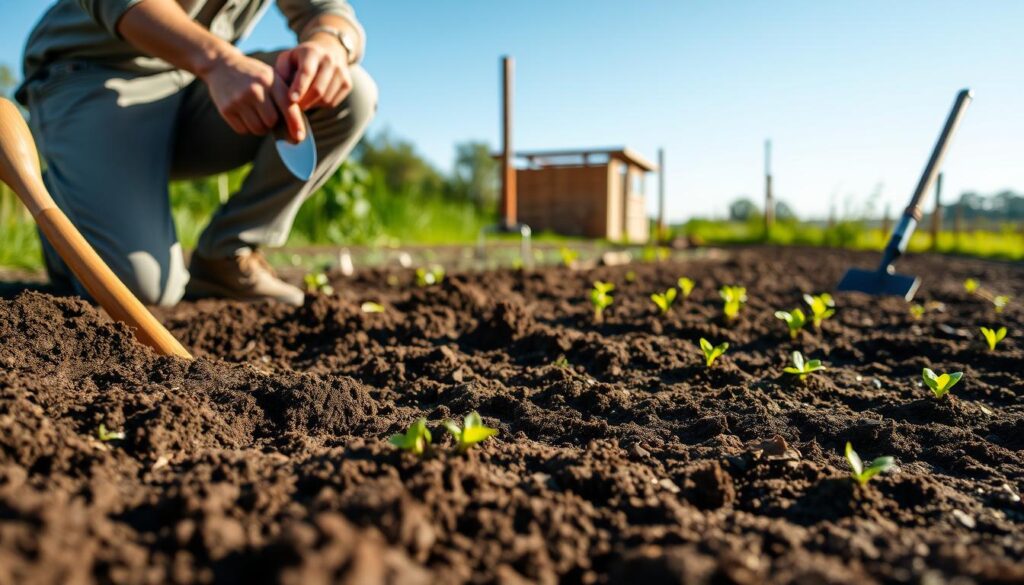 A lush vegetable garden preparation scene in a picturesque setting. In the foreground, a skilled gardener, dressed in casual but neat clothing, kneels beside an earthy patch of soil, using a hand trowel to assess soil quality. Nearby, a well-organized array of gardening tools, including a rake and shovel, are displayed. The middle ground features freshly turned soil in rich, dark brown hues, indicating the recent preparation for planting, dotted with vibrant green seedlings peeking through. In the background, a clear blue sky meets the horizon, casting gentle sunlight over the scene, enhancing the peaceful, productive atmosphere. The mood is serene and focused, capturing the essence of preparing soil for a thriving vegetable garden. The angle is slightly elevated, showcasing the entire gardening setup.