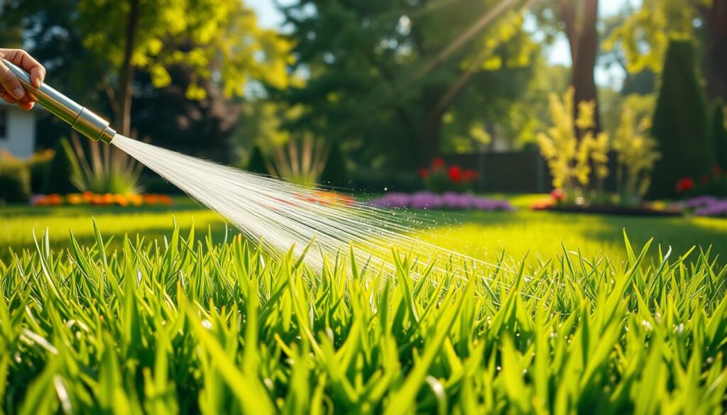 A lush, well-maintained green lawn in the foreground, with a garden hose gently watering the grass during a bright summer day. The sunlight casts warm, golden rays, creating a cheerful ambiance. In the middle, a hand holding the hose directs a spray of water over the vibrant blades of grass, causing small droplets to glisten like diamonds. In the background, a few blooming flower beds add splashes of color, with tall trees providing shade. The scene is captured from a low angle, emphasizing the texture of the grass and the water's movement, conveying a sense of rejuvenation and care for the lawn during the summer season. The atmosphere is serene and inviting, evoking thoughts of nurturing and growth. A lush, well-maintained green lawn in the foreground, with a garden hose gently watering the grass during a bright summer day. The sunlight casts warm, golden rays, creating a cheerful ambiance. In the middle, a hand holding the hose directs a spray of water over the vibrant blades of grass, causing small droplets to glisten like diamonds. In the background, a few blooming flower beds add splashes of color, with tall trees providing shade. The scene is captured from a low angle, emphasizing the texture of the grass and the water's movement, conveying a sense of rejuvenation and care for the lawn during the summer season. The atmosphere is serene and inviting, evoking thoughts of nurturing and growth.