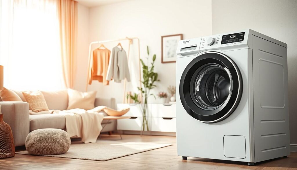 A modern apartment interior featuring a sleek, stylish drying machine prominently in the foreground, showcasing its compact design and user-friendly interface. The middle ground features a cozy living area with soft, neutral tones, well-lit by natural daylight streaming through a large window adorned with light curtains. Freshly washed laundry hangs neatly nearby on a minimalist drying rack, emphasizing the effectiveness of the drying machine in maintaining a fresh-smelling environment. The background includes tasteful decor, such as plants and modern furniture, enhancing the homely atmosphere. The image should be bright and inviting, with a warm ambiance reflecting comfort and cleanliness. The angle should be slightly elevated, capturing both the drying machine and the surrounding living space harmoniously. A modern apartment interior featuring a sleek, stylish drying machine prominently in the foreground, showcasing its compact design and user-friendly interface. The middle ground features a cozy living area with soft, neutral tones, well-lit by natural daylight streaming through a large window adorned with light curtains. Freshly washed laundry hangs neatly nearby on a minimalist drying rack, emphasizing the effectiveness of the drying machine in maintaining a fresh-smelling environment. The background includes tasteful decor, such as plants and modern furniture, enhancing the homely atmosphere. The image should be bright and inviting, with a warm ambiance reflecting comfort and cleanliness. The angle should be slightly elevated, capturing both the drying machine and the surrounding living space harmoniously.