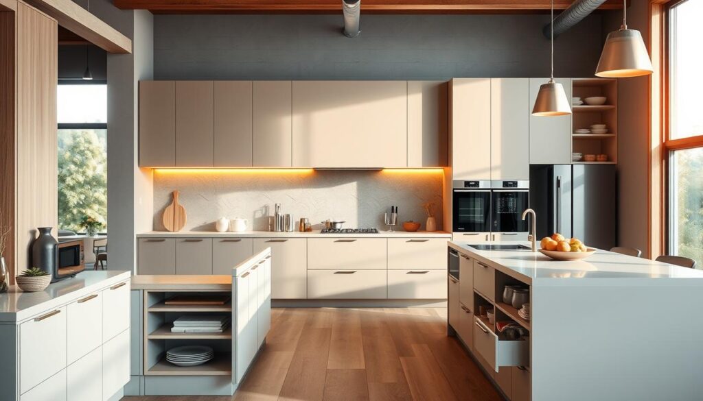 A modern kitchen interior featuring functional furniture solutions, showcasing an efficient layout with emphasis on workspace organization. In the foreground, a contemporary kitchen island with built-in storage and seating, adorned with stylish kitchenware. In the middle, sleek, minimalist cabinetry with pull-out shelves and clever use of vertical space, complemented by high-end appliances. The background reveals a harmonious blend of natural light streaming in through large windows, accentuating the clean lines and vibrant colors of the kitchen. The scene is set at a slight angle to emphasize depth, with a warm, inviting atmosphere ideal for cooking and socializing. The overall mood is professional yet cozy, evoking a sense of efficiency and creativity in kitchen design.