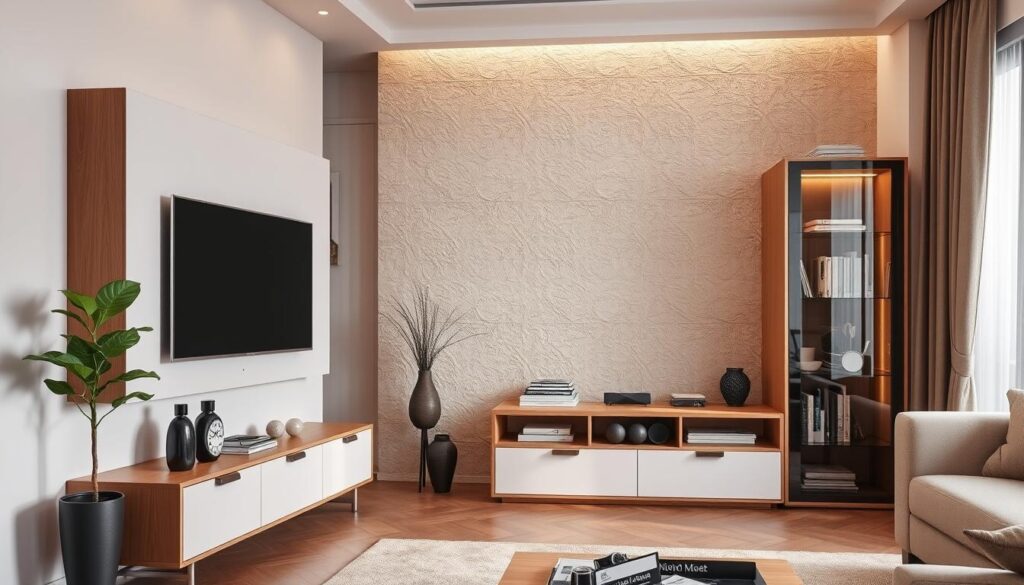A modern living room featuring a stylish wall-mounted TV surrounded by elegant RTV cabinets and furniture that complement the space. In the foreground, a sleek, minimalist entertainment unit with various decorative accents and a plant. In the middle, a beautifully designed showcase unit adorned with books and tasteful decor, strategically placed near the television. The background displays a textured feature wall, painted in a soft neutral tone, enhancing the overall aesthetic. Warm, natural lighting floods the room through a nearby window, creating a cozy atmosphere. The scene is captured from a slightly elevated angle to showcase the room's layout and furniture arrangement, emphasizing functionality and style.