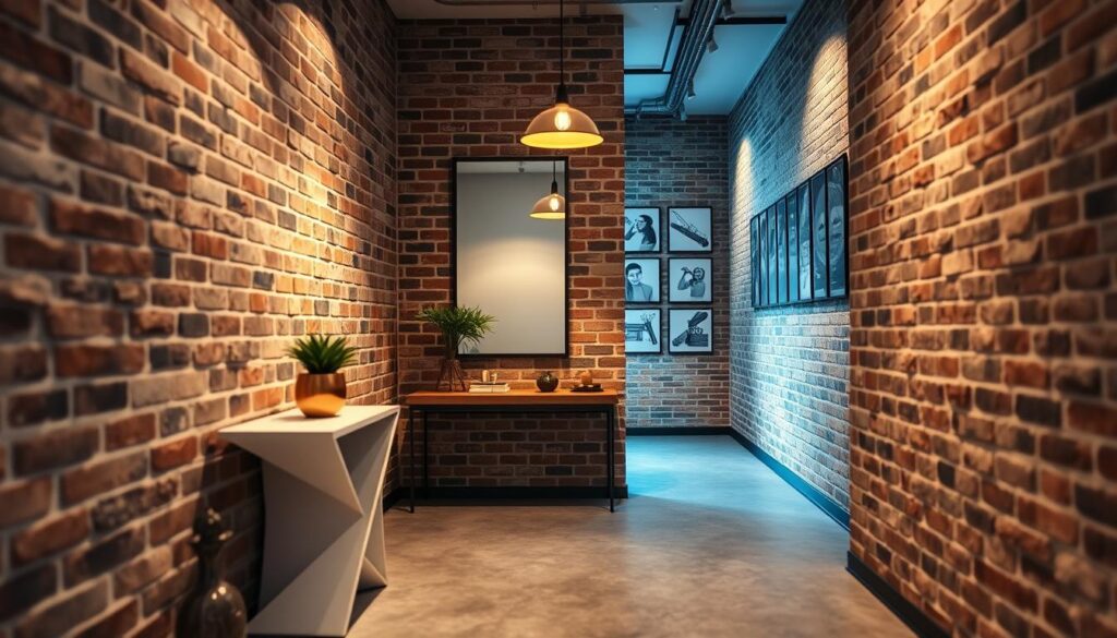A narrow hallway featuring modern industrial design elements, with exposed brick walls and polished concrete floors. The foreground includes a sleek, minimalist console table with geometric lines, adorned with a small potted plant and stylish decor items. In the middle, a large mirror reflects light, enhancing the sense of space, while a striking pendant light hangs from the ceiling, casting a warm glow. The background showcases a series of black and white framed photographs on the walls, adding a touch of personality. The atmosphere is inviting yet sophisticated, with soft, ambient lighting creating a cozy yet stylish mood. The perspective is slightly angled, capturing the length of the hallway and emphasizing its design features.