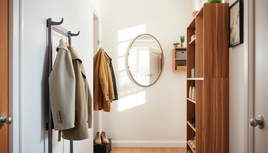 A narrow, stylish hallway featuring practical and functional accessories designed to enhance space utilization. In the foreground, a sleek coat rack with modern design holds elegant outerwear, while a compact shoe cabinet occupies the corner, showcasing well-organized shoes. In the middle, a stylish mirror reflects light, enhancing the room's space illusion, and wall-mounted shelves display decorative but functional items such as small plants and storage boxes. The background features a light color palette with soft, natural lighting pouring in from a nearby window, amplifying the airy atmosphere. The setting is tidy and inviting, embodying a sense of efficiency and style, perfect for a contemporary entryway.