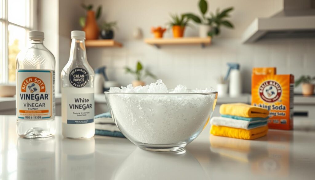 A pristine kitchen countertop serves as the foreground, featuring a bottle of white vinegar and a box of baking soda alongside an array of cleaning supplies like sponges and a spray bottle. In the middle, a delicate glass bowl is filled with a bubbling mixture of vinegar and baking soda, creating a visual effect of effervescence and energy. The background shows a bright, airy kitchen with sunlight streaming through a window, highlighting clean, organized surfaces and houseplants adding a touch of greenery. The overall atmosphere is fresh and inviting, suggesting cleanliness and efficiency. The lighting is warm and natural, enhancing the wholesome feel of the cleaning environment. The angle is slightly top-down, focusing on the vibrant interaction between the vinegar and soda.