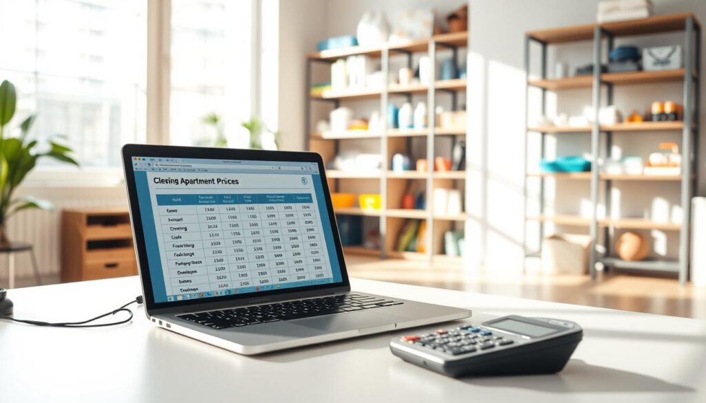 A professional and inviting office space focused on cleaning services pricing. In the foreground, a neatly arranged desk with a laptop open to a spreadsheet displaying detailed pricing for general apartment cleaning. A calculator, notepad, and pen are positioned next to the laptop, emphasizing a business atmosphere. The middle ground features a well-organized room with shelves filled with cleaning supplies and tools, conveying professionalism and cleanliness. In the background, a bright window allows natural light to flood the space, creating a warm and welcoming ambience. Soft shadows accent the organized environment, evoking a sense of trust and reliability in service. The overall mood is focused and calm, ideal for a business setting.