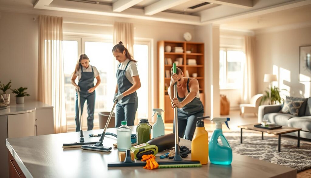 A professional interior cleaning process is depicted in a modern apartment setting. In the foreground, a diverse team of three cleaning professionals, dressed in smart uniforms, meticulously arrange cleaning supplies – mops, vacuums, and eco-friendly cleaning solutions on a well-organized table. In the middle ground, one team member is busy cleaning a sparkling kitchen, while another is dusting bookshelves in a cozy living room. The background shows a sunlit hallway leading to neatly staged rooms, providing a sense of openness and cleanliness. Warm, natural light streams through large windows, casting soft shadows. The atmosphere is bright and efficient, conveying a mood of productivity and thoroughness, illustrating the process of booking and executing a comprehensive home cleaning service.