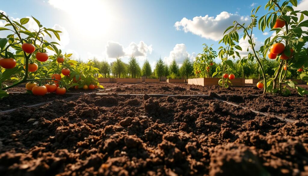 A rich, fertile soil bed ideal for growing tomatoes, showcased in a well-organized garden setting. The foreground features dark, loamy soil with visible nutrients and compost, surrounded by clusters of healthy tomato plants with vibrant green leaves and ripening fruits. In the middle ground, a neatly arranged row of raised garden beds enhances the scene, each filled with tomato plants displaying various stages of growth. In the background, a bright blue sky shines through fluffy white clouds, complemented by the soft golden light of late afternoon, creating a warm and inviting atmosphere. The image should convey a sense of abundance and optimal growing conditions, emphasizing the importance of soil health for successful tomato cultivation. A rich, fertile soil bed ideal for growing tomatoes, showcased in a well-organized garden setting. The foreground features dark, loamy soil with visible nutrients and compost, surrounded by clusters of healthy tomato plants with vibrant green leaves and ripening fruits. In the middle ground, a neatly arranged row of raised garden beds enhances the scene, each filled with tomato plants displaying various stages of growth. In the background, a bright blue sky shines through fluffy white clouds, complemented by the soft golden light of late afternoon, creating a warm and inviting atmosphere. The image should convey a sense of abundance and optimal growing conditions, emphasizing the importance of soil health for successful tomato cultivation.