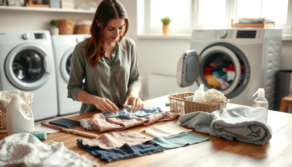 A serene home laundry scene showcasing practical tips for washing clothes without labels. In the foreground, a woman in modest casual clothing examines different fabric swatches laid out on a wooden table, surrounded by a variety of laundry detergents and tools. The middle ground features a washing machine with an open door, revealing a colorful load of clothes inside, while a clean, bright laundry room is depicted in the background with windows allowing soft, natural light to flow in. The atmosphere is calm and informative, conveying a sense of organization and practicality. The scene should emphasize a clean, tidy environment, reflecting an approachable, hands-on approach to fabric care.