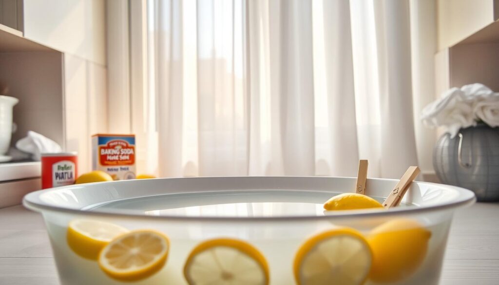 A serene kitchen scene capturing the process of soaking and whitening curtains before washing. In the foreground, a clean, white basin filled with water surrounded by lemon slices, baking soda, and clothespins, symbolizing natural whitening methods. In the middle, a pair of elegant sheer curtains partially submerged in the water, showcasing their delicate texture and bright white color. The background features a window allowing soft, warm daylight to filter in, illuminating the scene with a gentle glow. The mood is fresh and inviting, emphasizing cleanliness and home care. The angle captures the scene from a slightly elevated perspective, providing a comprehensive view without any human presence or text. A serene kitchen scene capturing the process of soaking and whitening curtains before washing. In the foreground, a clean, white basin filled with water surrounded by lemon slices, baking soda, and clothespins, symbolizing natural whitening methods. In the middle, a pair of elegant sheer curtains partially submerged in the water, showcasing their delicate texture and bright white color. The background features a window allowing soft, warm daylight to filter in, illuminating the scene with a gentle glow. The mood is fresh and inviting, emphasizing cleanliness and home care. The angle captures the scene from a slightly elevated perspective, providing a comprehensive view without any human presence or text.