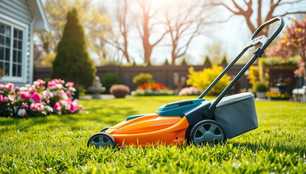 A serene suburban backyard in springtime, showcasing a freshly mowed lawn. In the foreground, a bright and shiny new lawn mower sits prominently on the grass, depicted in vibrant colors to highlight its features and design. The middle ground features a well-maintained garden with blooming flowers and shrubs, demonstrating the ideal environment for lawn care. In the background, a clear blue sky and gentle sunlight filter through the trees, creating a warm and inviting atmosphere. The scene conveys freshness and the excitement of the first lawn mowing of the season, inviting viewers to consider the perfect mower for their own needs. The composition should be crisp and detailed, evoking a sense of anticipation and care for one’s garden.