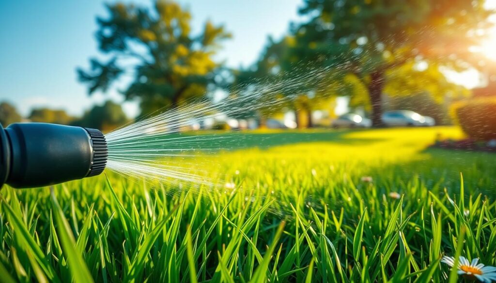A serene summer scene depicting a lush green lawn being watered. In the foreground, a garden hose with a spray nozzle gently releasing a fine mist of water over vibrant grass blades. The middle ground features a well-maintained, bright green lawn with some flowers blooming around the edges. In the background, there are trees with full foliage under a clear blue sky, with a warm golden sunlight casting soft shadows. Capture this moment from a low angle, enhancing the depth of field that highlights the dew glistening on the grass. The atmosphere should evoke a sense of tranquility and summer bliss, underscoring the theme of nurturing a healthy lawn during hot weather. Avoid any people in the image for a more peaceful setting. A serene summer scene depicting a lush green lawn being watered. In the foreground, a garden hose with a spray nozzle gently releasing a fine mist of water over vibrant grass blades. The middle ground features a well-maintained, bright green lawn with some flowers blooming around the edges. In the background, there are trees with full foliage under a clear blue sky, with a warm golden sunlight casting soft shadows. Capture this moment from a low angle, enhancing the depth of field that highlights the dew glistening on the grass. The atmosphere should evoke a sense of tranquility and summer bliss, underscoring the theme of nurturing a healthy lawn during hot weather. Avoid any people in the image for a more peaceful setting.