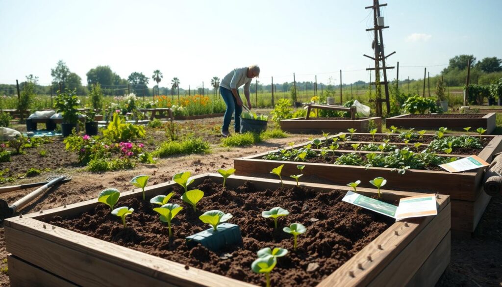 A serene vegetable garden scene, showcasing the preparation of raised beds for planting. In the foreground, a neatly arranged wooden bed is being prepared, with rich soil being tilled and garden tools like a rake and spade visible. Bright green seedlings and packets of seeds are scattered nearby. In the middle ground, a gardener in modest casual clothing is attentively arranging soil and planting rows, their focus dedicated to effective cultivation. The background features a lush landscape with flowering plants, low garden fences, and a clear blue sky overhead, creating a warm and inviting atmosphere. Soft sunlight filters through, casting gentle shadows and highlighting the lushness of the garden. The image captures the essence of planning and nurturing a vegetable patch, evoking a sense of growth and sustainability.