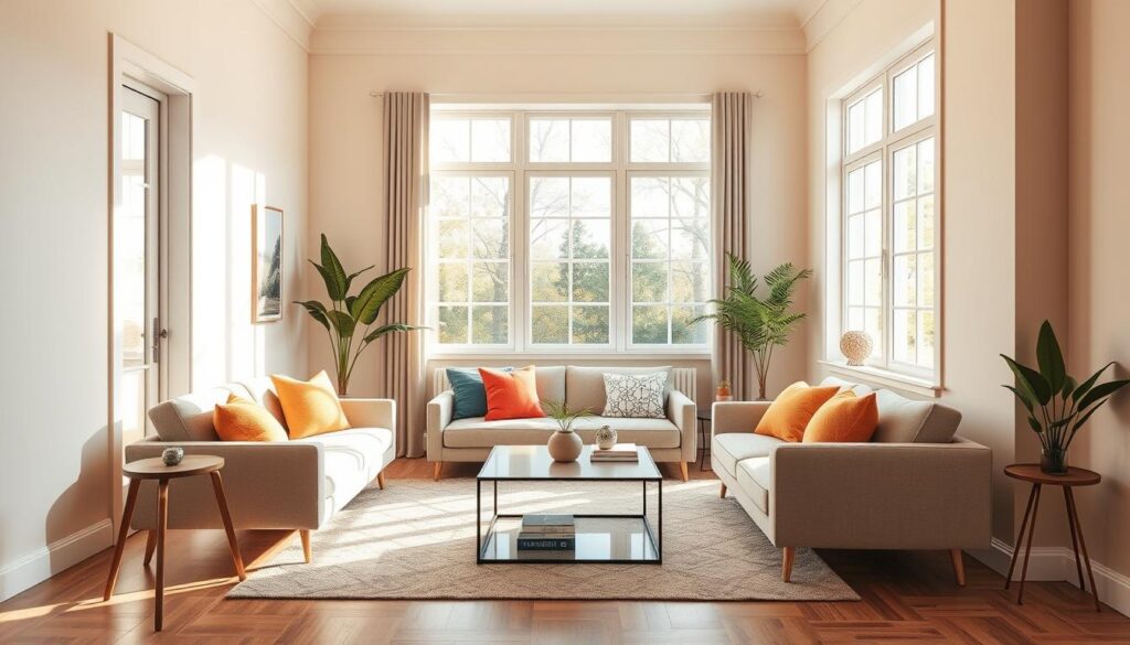 A small, stylish living room featuring light pastel wall colors, designed to create an illusion of space. In the foreground, a sleek, modern sofa in a complementary shade, adorned with colorful cushions. In the middle, a minimalist coffee table with a few decorative elements, like a small plant and a stack of books. To the background, large windows allowing natural sunlight to pour in, accentuating the soft hues of the walls. Use warm lighting to enhance the cozy atmosphere, and a wide-angle lens to capture the entire composition. The room should feel inviting and spacious, showcasing clever use of color that reflects the theme of maximizing space design.