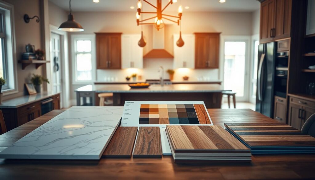 A stylish kitchen design workspace showcasing a variety of materials for kitchen planning. In the foreground, display samples of countertops like marble, quartz, and wood, neatly arranged on a wooden table. The middle ground features a color palette with swatches of cabinets and flooring, surrounded by elegant light fixtures. In the background, an inviting kitchen space with modern appliances, softly illuminated by warm, natural light streaming through a large window. The atmosphere should convey a sense of creativity and professionalism, with a focus on durability and style, creating an inspiring environment for kitchen design. Capture the scene from a slightly elevated angle to emphasize the materials and layout, ensuring a clean and organized look.