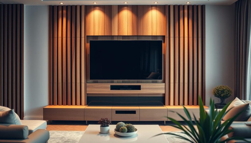 A stylish living room featuring a feature wall behind a modern television, adorned with elegant wooden slats in a harmonious arrangement. The focus is on the vertical wooden lamellae in various natural wood finishes, creating a warm, inviting atmosphere. The room is softly lit with ambient lighting that enhances the textures of the wood, while the television is mounted at eye level, seamlessly integrated into the design. In the foreground, there are minimalist decorative elements like potted plants and a sleek coffee table. The background includes neutral-colored walls and plush furnishings, conveying a cozy yet contemporary feel. The angle captures the entire wall, emphasizing both the aesthetic appeal and the acoustic benefits of the wooden slats.