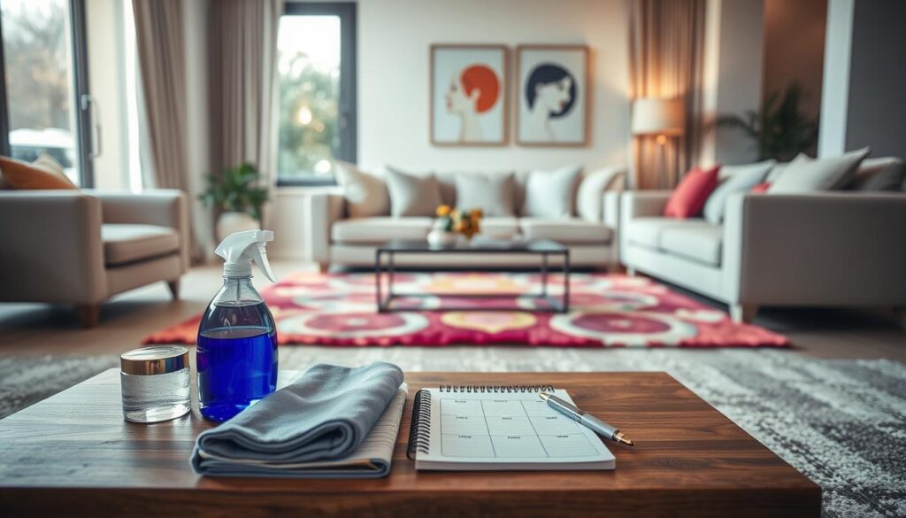A stylish, modern living room featuring a beautifully arranged carpet, showcasing practical tips for carpet care and budget management. In the foreground, a neatly styled coffee table displays cleaning supplies like a spray bottle, microfiber cloth, and a budget planner with a pen. The middle section features an elegant sofa with cushions and a vibrant rug, illustrating different sizes and colors of carpets. In the background, a large window lets in soft, natural light, creating a warm and inviting atmosphere. The scene conveys a sense of harmony and care, emphasizing an organized lifestyle. Use a soft focus lens effect for depth, enhancing the coziness of the space while ensuring clarity on the carpet details.
