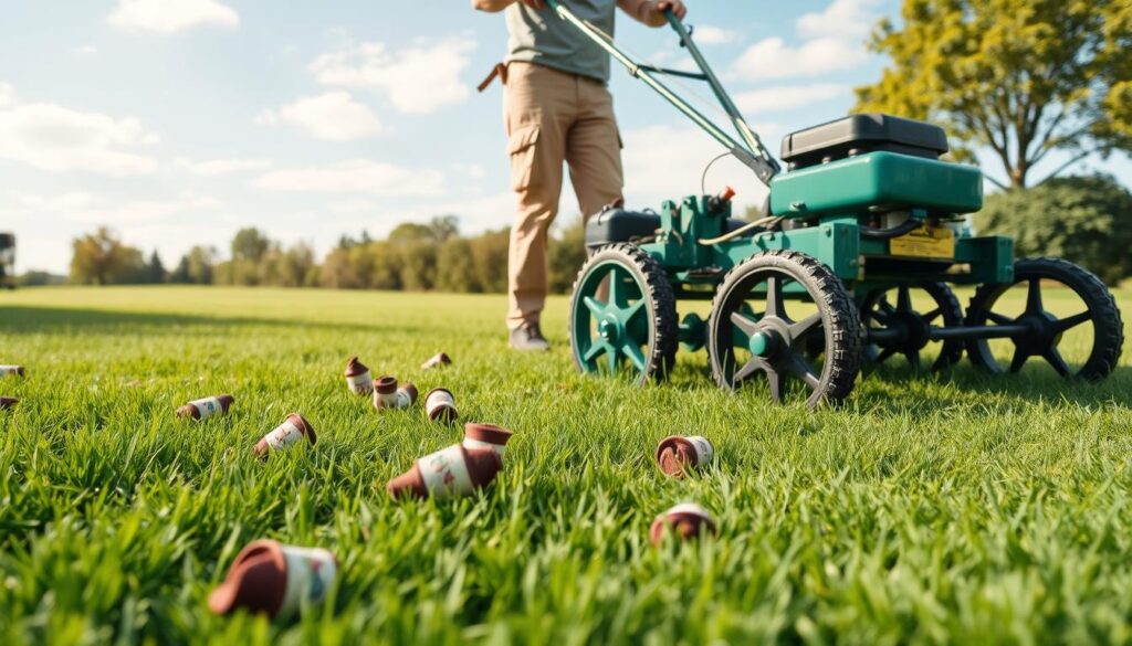 A vibrant and detailed image depicting lawn aeration equipment in action. In the foreground, a professional landscaper wearing a modest casual outfit operates a mechanical aerator on a lush, green lawn, demonstrating proper technique. The middle ground features scattered clumps of freshly pulled soil plugs, indicating the aeration process. In the background, a clear blue sky with soft sunlight illuminates the scene, enhancing the vibrant greens of the grass. The scene captures a serene atmosphere, emphasizing the importance of proper lawn care without the distractions of errors. Use a wide-angle lens for an expansive view while maintaining sharp focus on the aerator and its operator, creating a professional and educational mood.