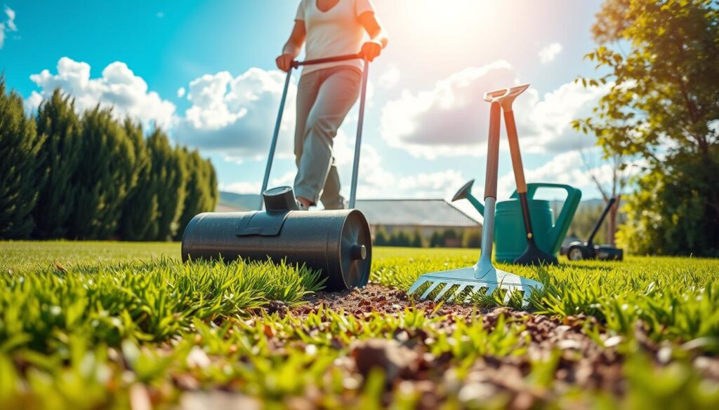 A vibrant green lawn being tended to after installation, showcasing a freshly rolled sod lawn on the left side and a seeded area on the right. In the foreground, a person wearing modest casual clothing is using a lawn roller to ensure the sod is firmly in place. The middle ground features a variety of gardening tools like a rake and a watering can, symbolizing care and maintenance. The background is a sunny setting with a blue sky and fluffy white clouds, creating a serene atmosphere. Soft sunlight highlights the textures of the grass and the tools, emphasizing the fresh, healthy look of the newly established lawn. The composition should have a slight depth of field to focus on the foreground action while subtly softening the background.