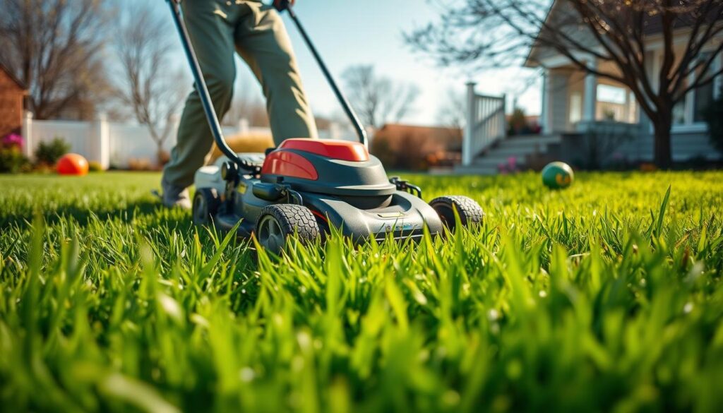 A vibrant, lush green lawn being freshly mowed for the first time after winter. In the foreground, a person in professional gardening attire is operating a modern push lawn mower, displaying proper mowing techniques. The medium shot captures the mower's blades cutting the grass evenly. In the background, a quaint residential garden is visible, with blooming spring flowers and a clear blue sky, enhancing the fresh, lively atmosphere. Soft sunlight casts warm, inviting light, highlighting the dew on the grass and creating gentle shadows. The scene conveys a sense of accomplishment and renewal, symbolizing the joy of spring gardening.