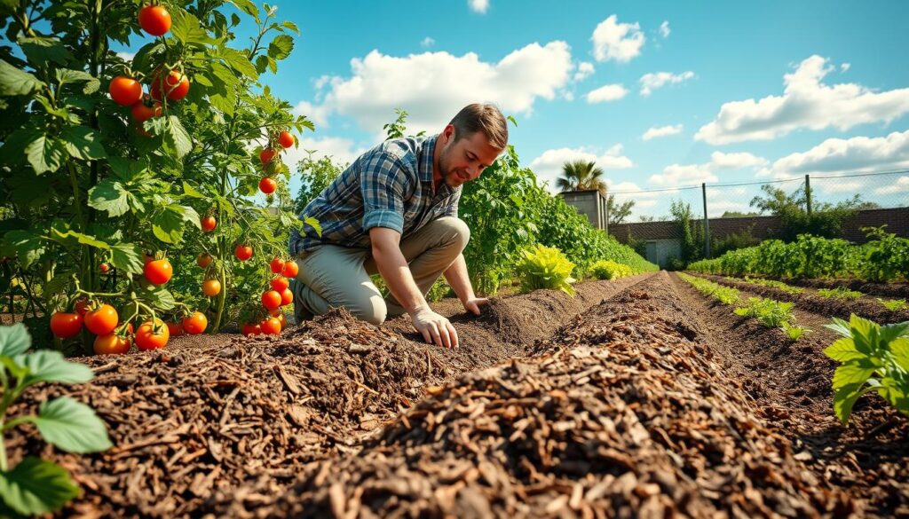 A vibrant vegetable garden at peak summer, showcasing a variety of healthy plants such as tomatoes, carrots, and lettuce, all surrounded by a fresh layer of organic mulch. In the foreground, a gardener in modest casual clothing is kneeling, carefully applying the mulch around the base of the plants, demonstrating the proper mulching technique. The middle ground features rows of lush, green vegetables, rich soil, and the contrasting brown mulch, enhancing the garden's aesthetic. In the background, a bright blue sky with soft, white clouds can be seen, capturing the essence of a warm, sunny day. The lighting is warm and natural, creating a serene and inviting atmosphere, ideal for garden care and cultivation.
