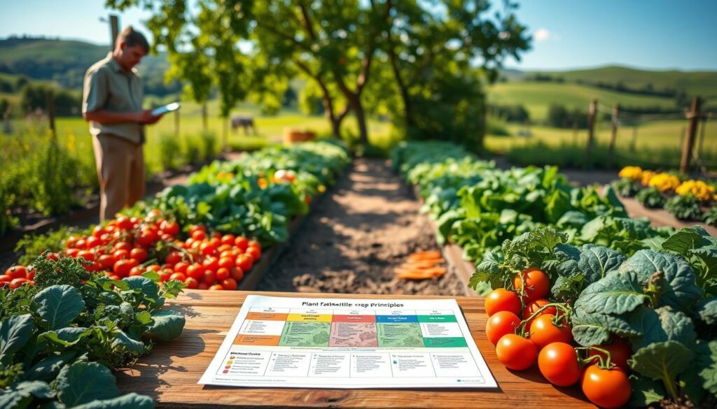 A vibrant vegetable garden in the foreground, featuring neatly organized rows of diverse crops such as tomatoes, carrots, and lettuce, showcasing a well-planned crop rotation. A gardener, dressed in modest casual clothing, is seen taking notes on a clipboard and observing the plants, emphasizing practical planning. In the middle ground, a wooden table displays a colorful, detailed chart of plant families and rotation principles, with sunlight filtering through leafy trees, creating a warm, inviting atmosphere. The background is a lush, green landscape with hills and a clear blue sky, adding depth to the scene. Natural lighting enhances the colors of the vegetables and plants, evoking a sense of tranquility and purpose in gardening.